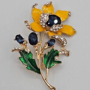 Floral Brooch Yellow Blue Rhinestone Gold Tone Enamel Statement 2.25" Pin
